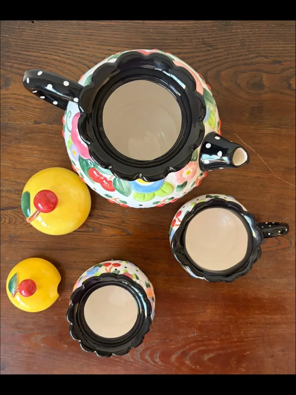 Mary Engelbreit Oh So Breit Teapot Creamer Sugar Set, Cherries and Flowers